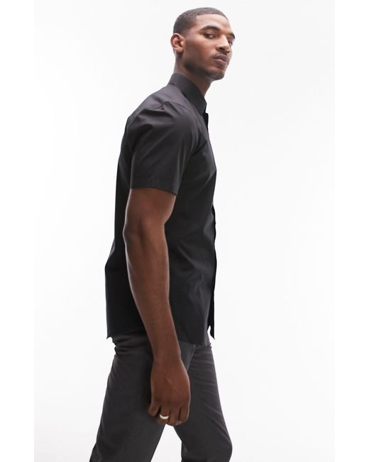 Topman Black Slim Fit Short Sleeve Stretch Cotton Button-up Shirt for men