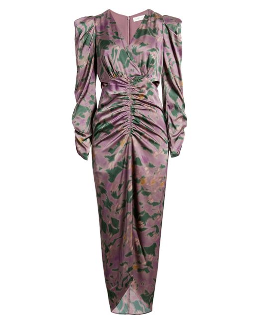 FLORET STUDIOS Cutout Ruched Long Sleeve Satin Dress Lyst