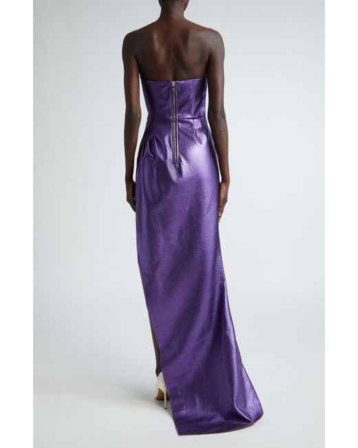 LAQUAN SMITH Purple Strapless Metallic Leather Gown