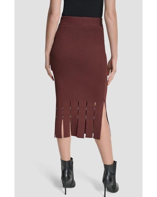 DKNY Red Grommet Trim Fringe Hem Sweater Midi Skirt