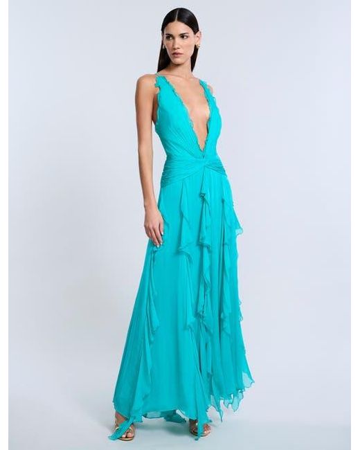 BCBGMAXAZRIA Blue Ruffle Halter Chiffon Gown