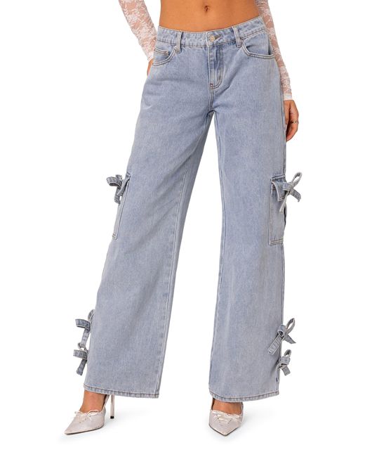 Edikted Blue Bows 4 Days Low Rise Wide Leg Cargo Jeans