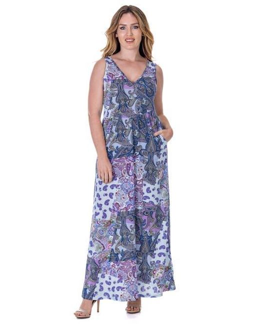 24seven Comfort Apparel Blue Paisley Sleeveless V-Neck Maxi Dress With Pockets