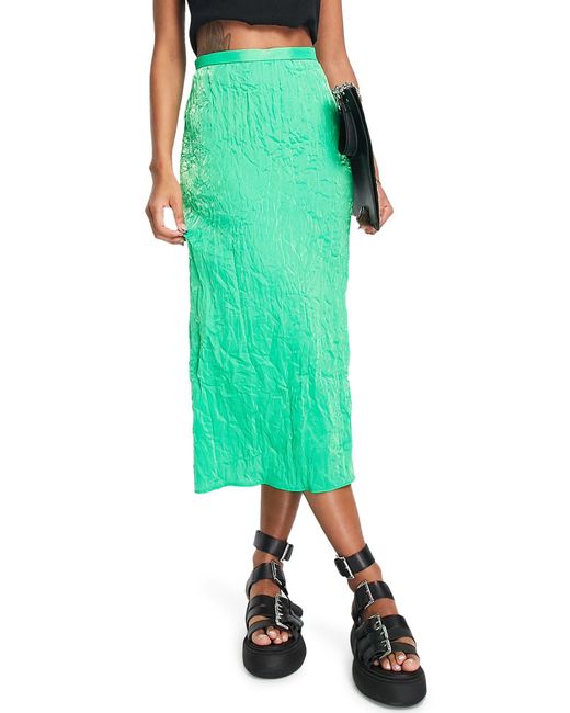 Crinkled Satin Midi Skirt in Green Lyst