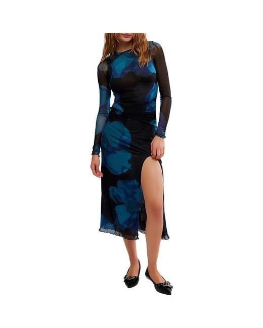 free people long sleeve blue dress Blue Floral Long Sleeve Maxi Dress/free People Boho Festival Long Flowy  Dress/small