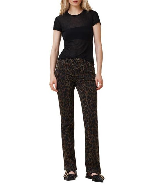 AllSaints Black Haldan Leopard Print Slim Bootcut Jeans