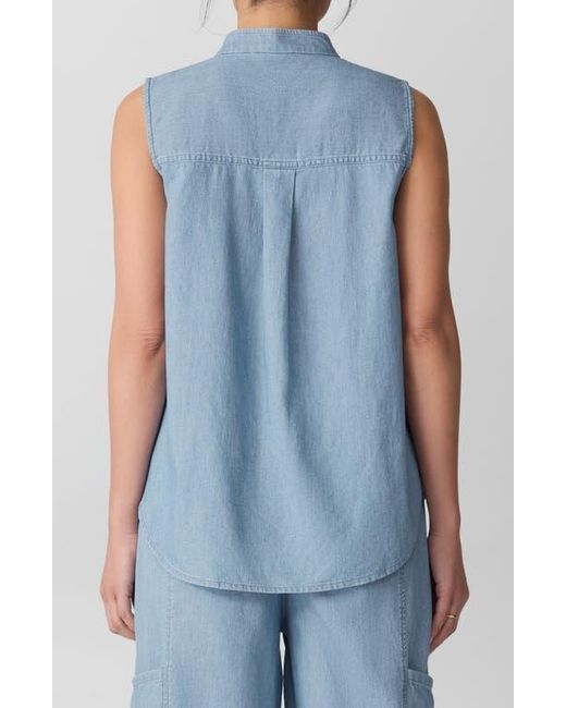 Eileen Fisher Blue Sleeveless Band Collar Chambray Button-Up Shirt