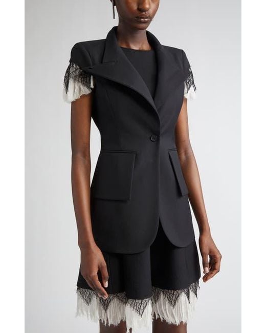 ジャケット Alexander Mcqueen Short-Sleeve Jacket In Tweed And Lace McQueen Cobweb Lace Wool Gabardine Jacket in Black | Lyst