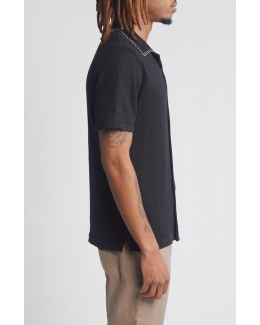 NN07 Black Henry Embroidered Short Sleeve Linen Knit Camp Shirt for men