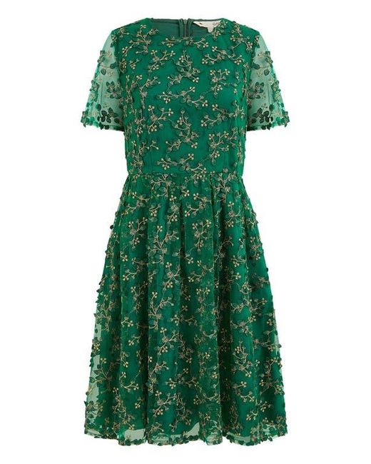 Yumi' Green Embroidered Floral Skater Dress