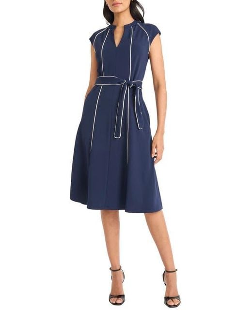 Maggy London Blue Contrast Piped Belted Midi Dress