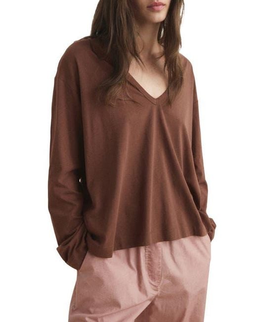 Mango Brown Long Sleeve Cotton V-Neck Pajama Top