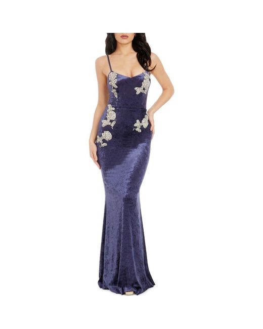 Dress the Population Blue Giovanna Crystal Detail Velvet Mermaid Gown