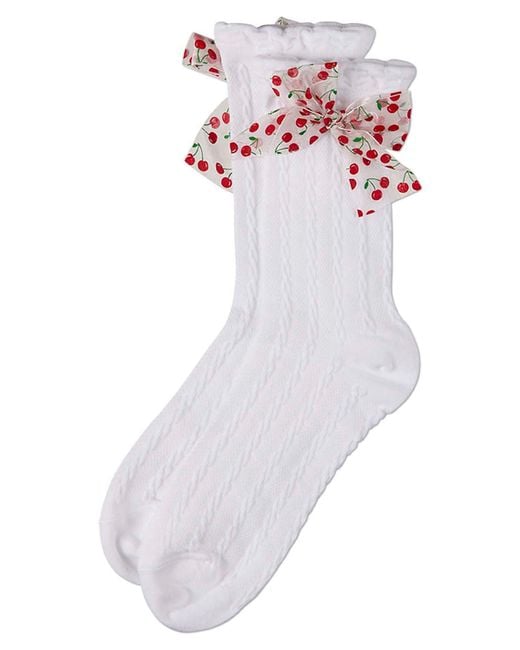Memoi White Cherry Bow Cable Crew Socks