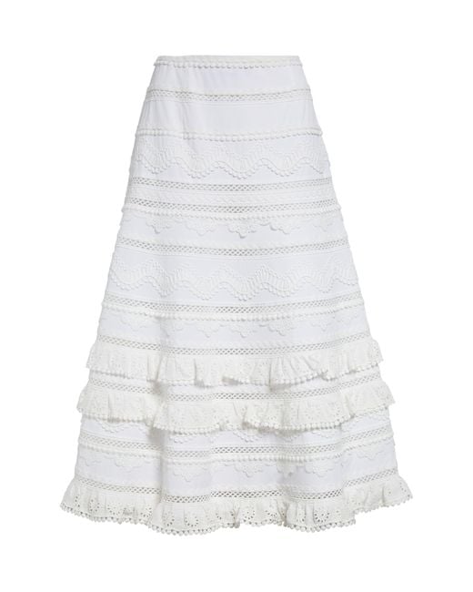 Carolina Herrera White Tiered Eyelet & Lace Maxi Skirt
