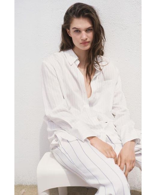 Mango White Stripe Sheer Long-Sleeve Button-Up Shirt