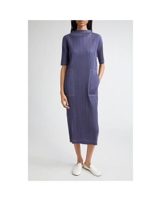 Pleats Please Issey Miyake Blue Trompe L'Oeil Pleated Midi Dress