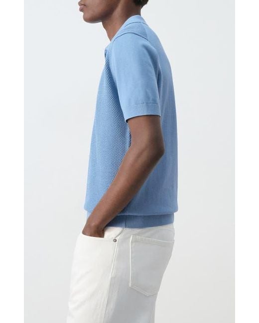 Mango Blue Solid Cotton Waffle Zip Polo Sweater for men
