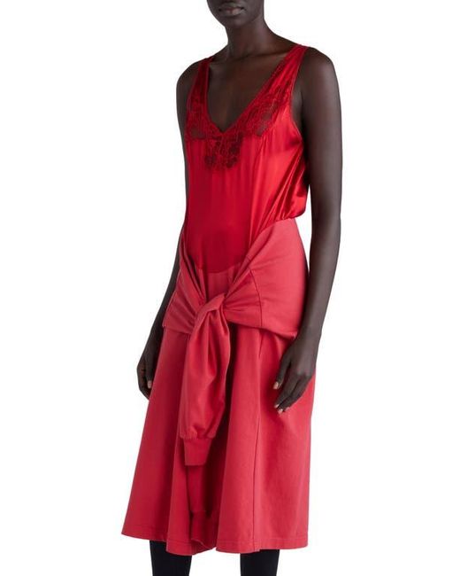 Balenciaga Red Hybrid Mixed Media Tie Waist Silk & Cotton Dress