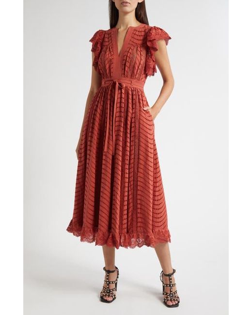 Ulla Johnson Red Olga Flutter Sleeve Midi Dress