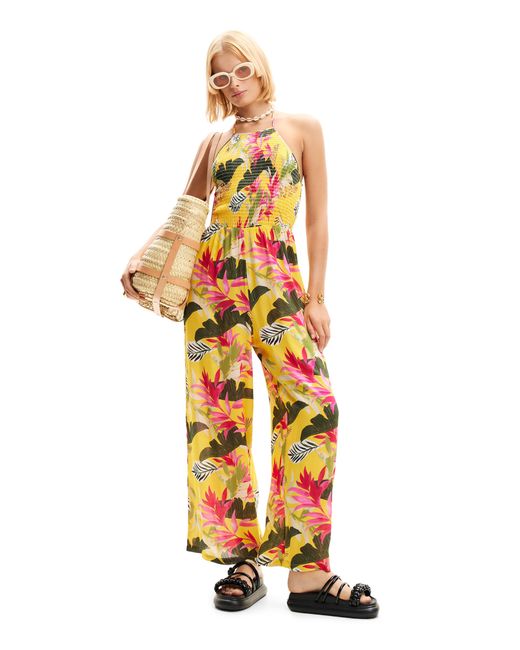 Desigual Yellow Tropical Print Smocked Wide Leg Cover-up Jumpsuit