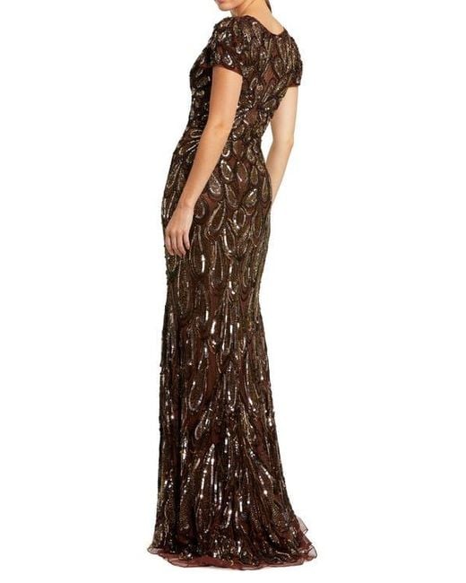 Mac Duggal Beaded Embellished V Neck Cap Sleeve Column Gown in Brown | Lyst