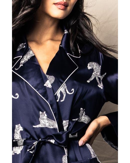 Petite Plume Blue Panthre De Nuit Piped Silk Robe
