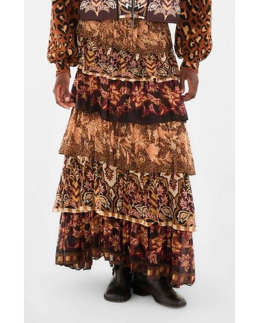Farm Rio Brown Mixed Scarf Print Tiered Ruffle Maxi Skirt
