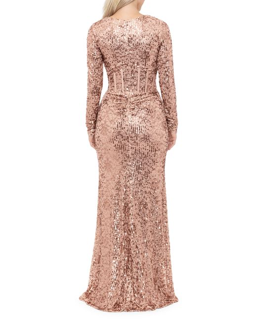 Betsy & Adam Multicolor Sequin Corset Long Sleeve Gown