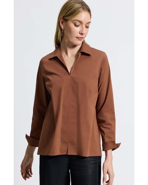Foxcroft Brown Agnes Split Cuff Popover Blouse