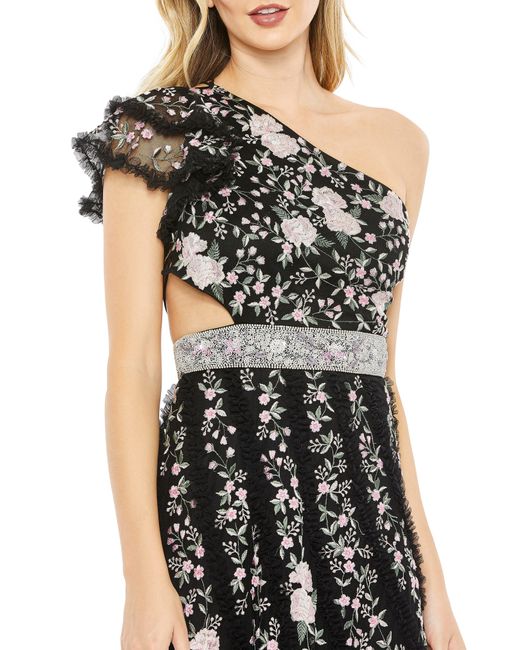 Mac Duggal Black Floral Embroidered Ruffle One-shoulder Gown