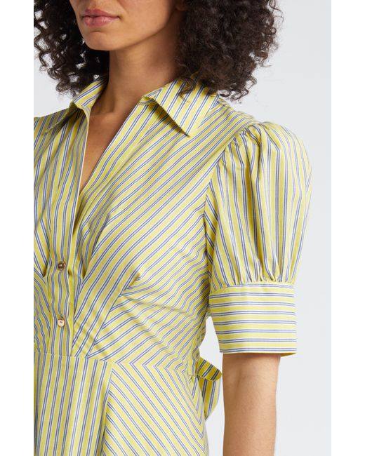 Tahari Yellow Directional Stripe Puff Sleeve Shirtdress