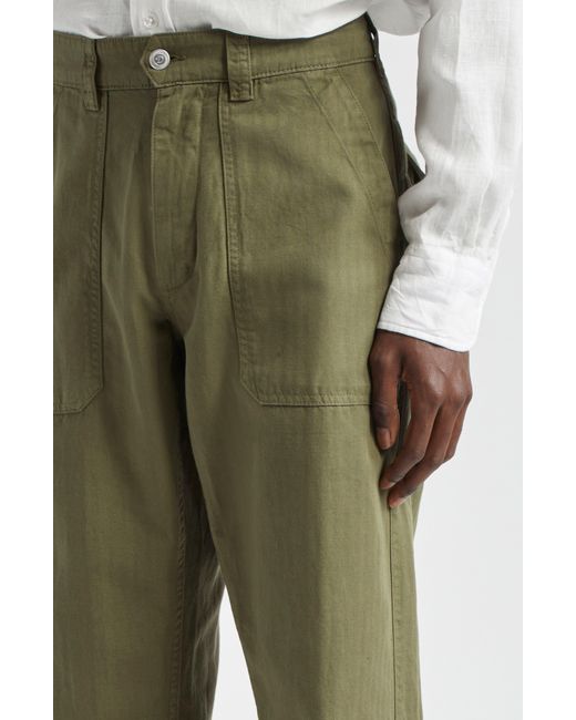 Drake's Green Herringbone Stripe Cotton & Linen Fatigue Pants for men