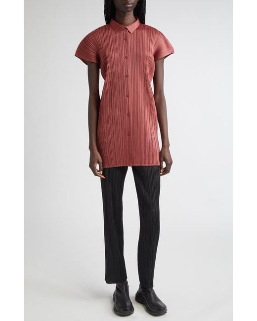 Pleats Please Issey Miyake Red Monthly Colors May Pleated Short Sleeve Shirtdress