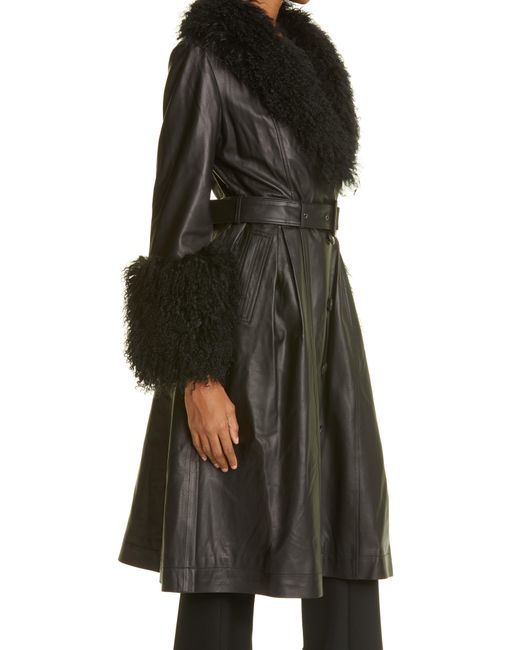 Saks Potts Black Foxy Genuine Shearling Trim Leather Coat