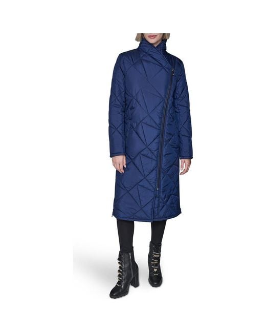 Karl Lagerfeld Blue Quilted Asymmetric Midi Coat