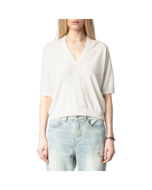 Zadig Voltaire Women's White Wully Lico Embellished Linen Blend V-Neck  Sweater