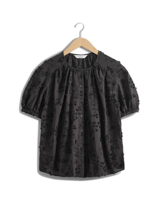 & Other Stories Black & Floral Texture Front Button Cotton Top