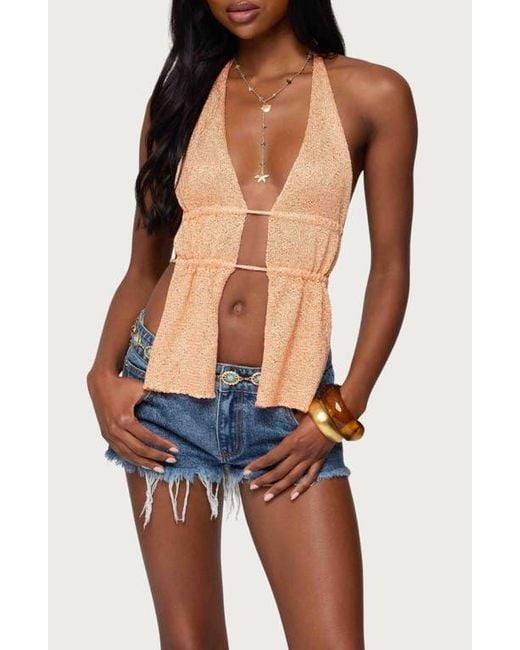 Edikted Blue Sequin Split Front Knit Halter Top