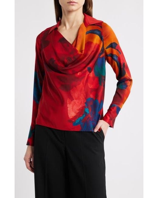 Tahari Red The Ciaran Abstract Print Stretch Silk Top