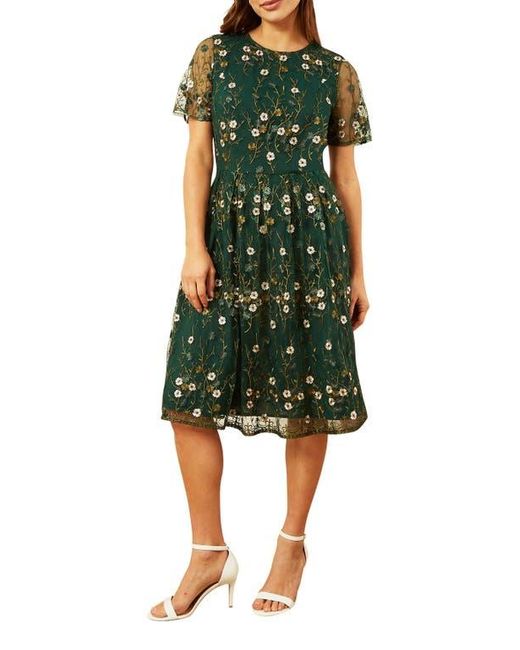 Yumi' Green Embroidered Floral Skater Dress