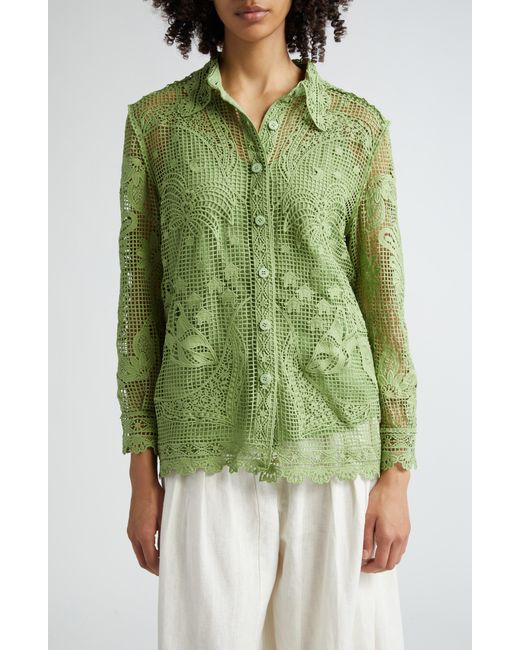 Farm Rio Green Guipure Lace Button-up Shirt