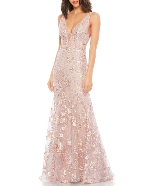 Mac Duggal Pink Floral Sequin & Embroidered Tulle Trumpet Gown