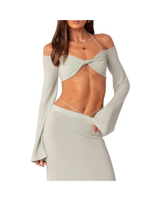 Edikted Green Celeste Off The Shoulder Twist Long Sleeve Crop Top