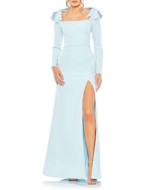 Ieena for Mac Duggal Blue Bow Detail Long Sleeve Body-con Gown