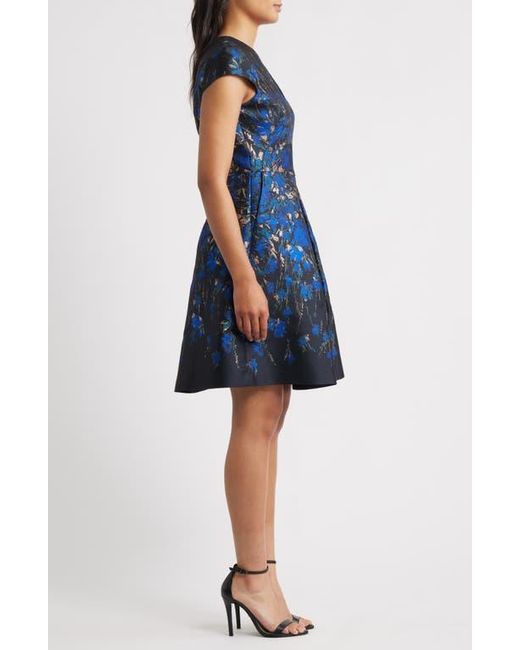 Vince Camuto Women's Blue Metallic Floral Jacquard Fit & Flare Dress -  magambanetwork.com