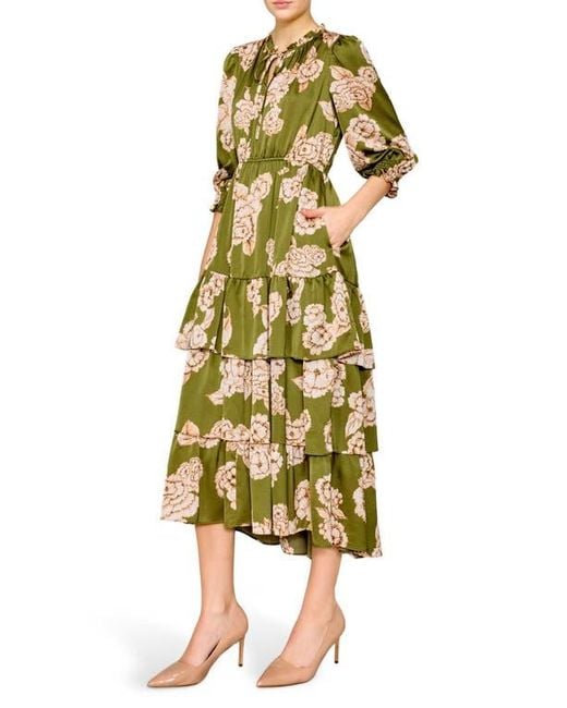 MELLODAY Yellow Floral Tiered Satin Midi Dress