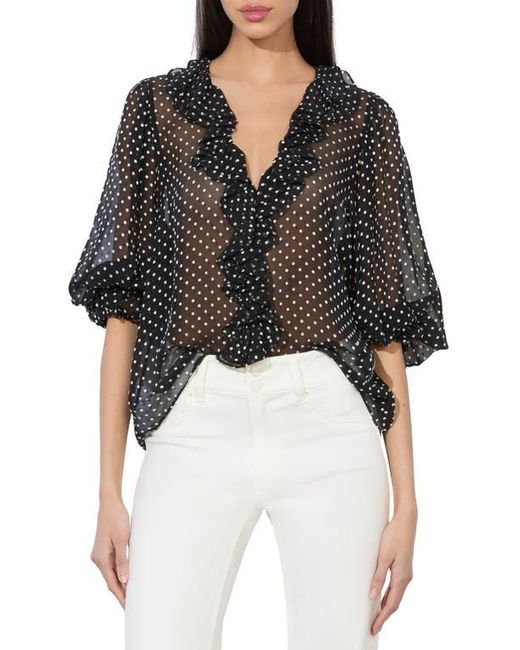 Alice + Olivia Black Betsie Clip Dot Ruffle Sheer Silk Blend Top