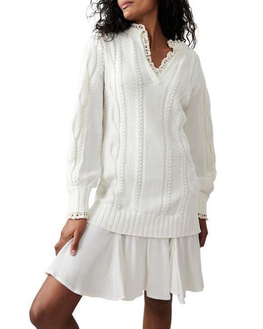 Mint Velvet White Cable Knit Gathered Hem Mini Dress