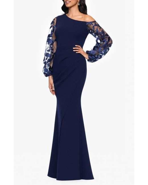 Betsy & Adam Blue One Shoulder Sheer Embroidered Long Sleeve Sheath Gown